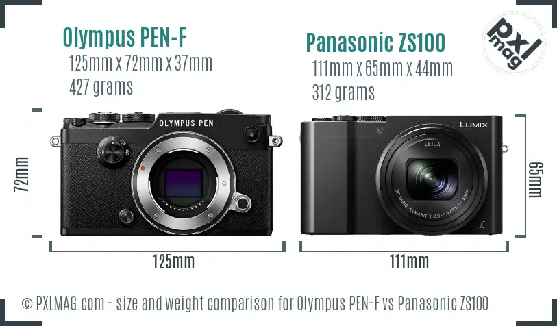 Olympus PEN-F vs Panasonic ZS100 size comparison