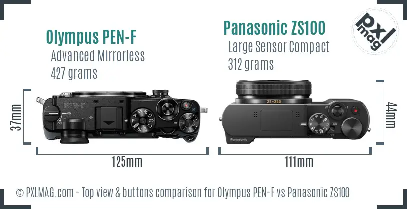Olympus PEN-F vs Panasonic ZS100 top view buttons comparison