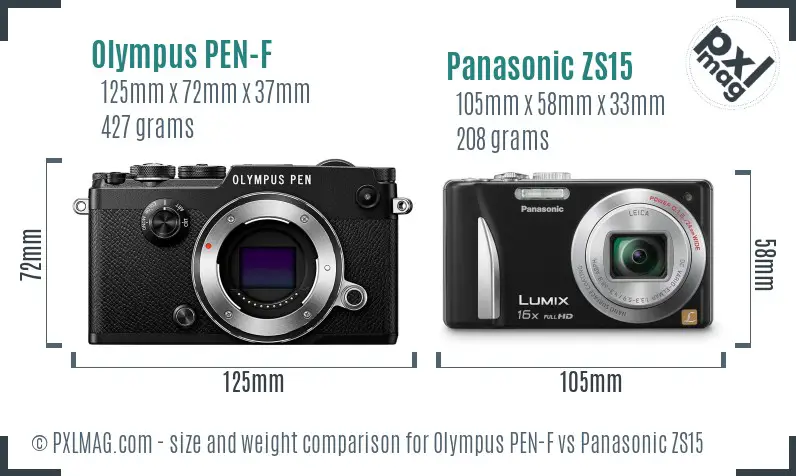 Olympus PEN-F vs Panasonic ZS15 size comparison
