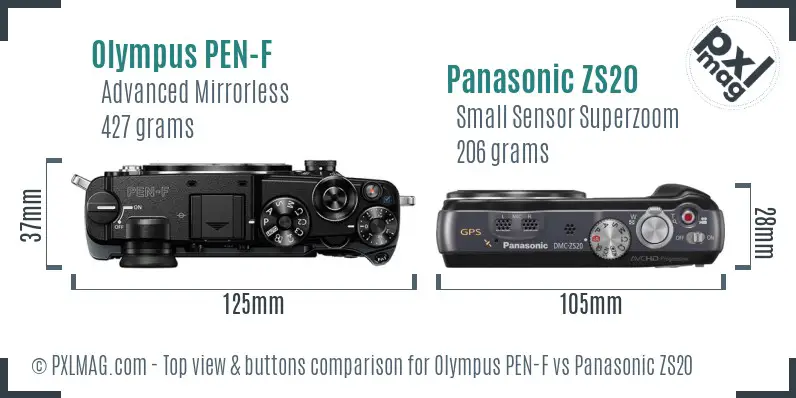 Olympus PEN-F vs Panasonic ZS20 top view buttons comparison