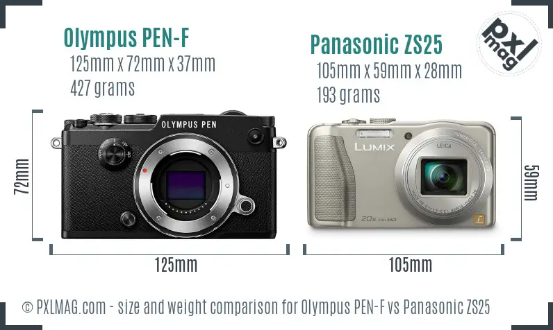 Olympus PEN-F vs Panasonic ZS25 size comparison