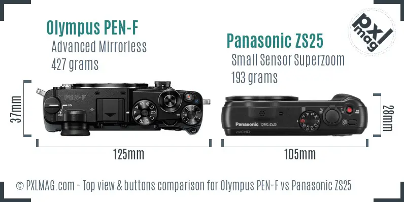 Olympus PEN-F vs Panasonic ZS25 top view buttons comparison