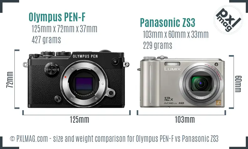 Olympus PEN-F vs Panasonic ZS3 size comparison