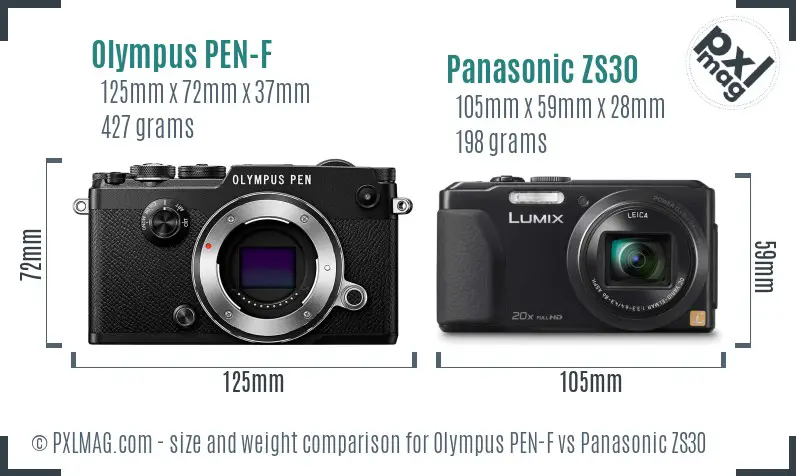 Olympus PEN-F vs Panasonic ZS30 size comparison