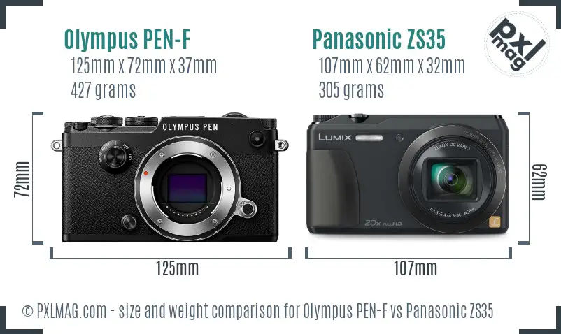 Olympus PEN-F vs Panasonic ZS35 size comparison