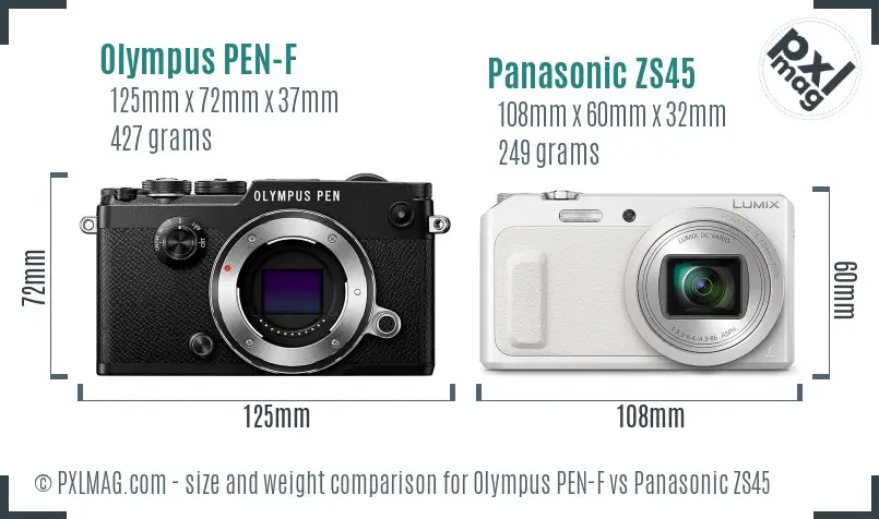 Olympus PEN-F vs Panasonic ZS45 size comparison