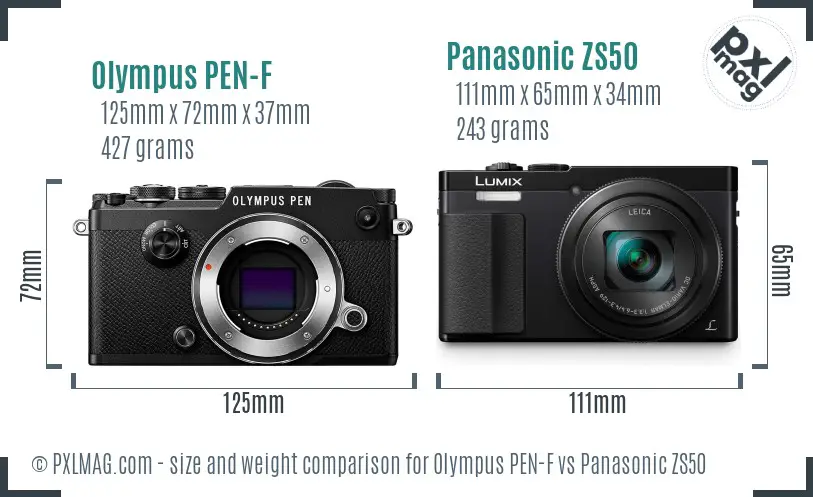 Olympus PEN-F vs Panasonic ZS50 size comparison