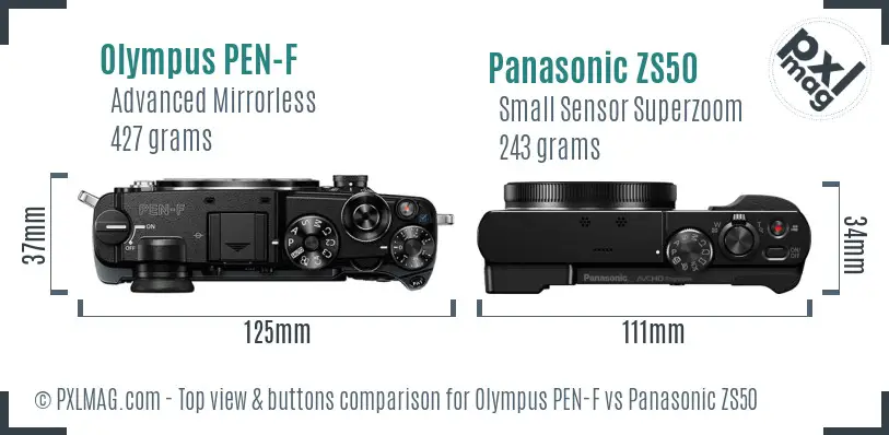 Olympus PEN-F vs Panasonic ZS50 top view buttons comparison