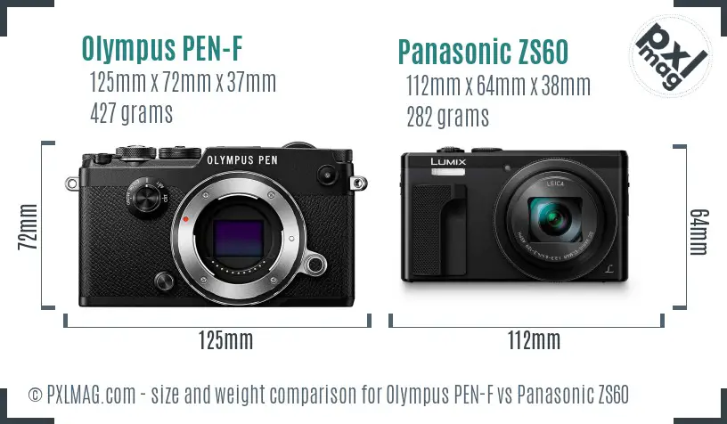 Olympus PEN-F vs Panasonic ZS60 size comparison