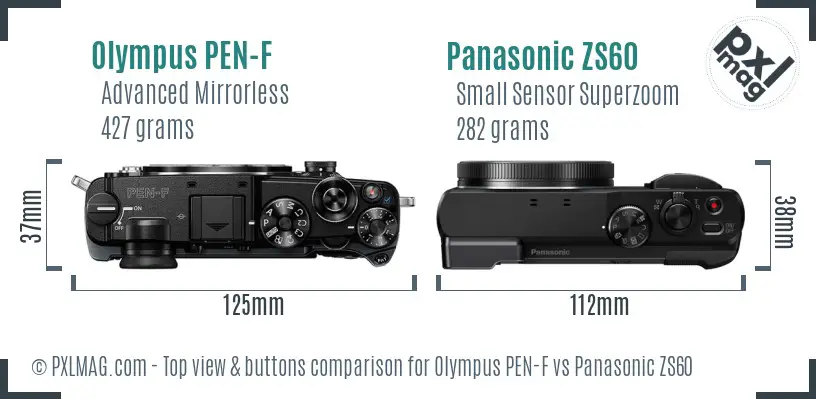 Olympus PEN-F vs Panasonic ZS60 top view buttons comparison
