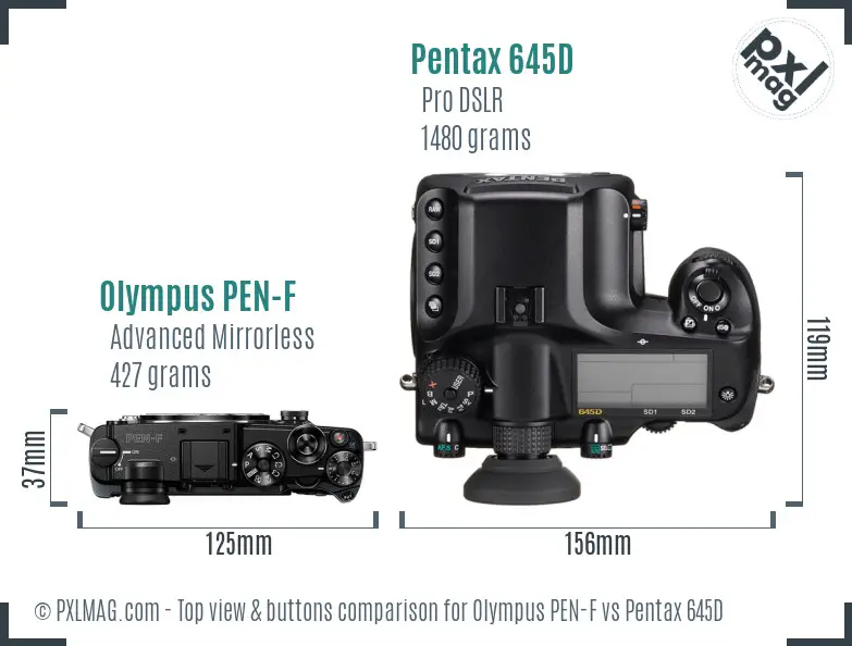 Olympus PEN-F vs Pentax 645D top view buttons comparison