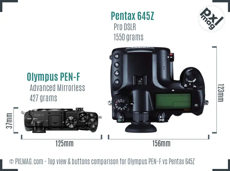 Olympus PEN-F vs Pentax 645Z top view buttons comparison