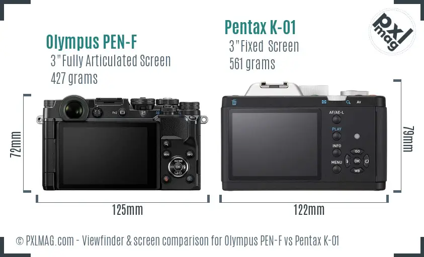 Olympus PEN-F vs Pentax K-01 Screen and Viewfinder comparison