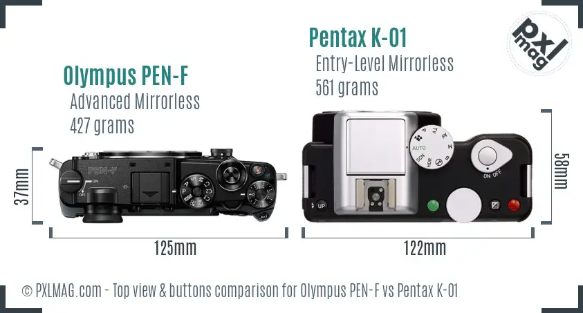 Olympus PEN-F vs Pentax K-01 top view buttons comparison
