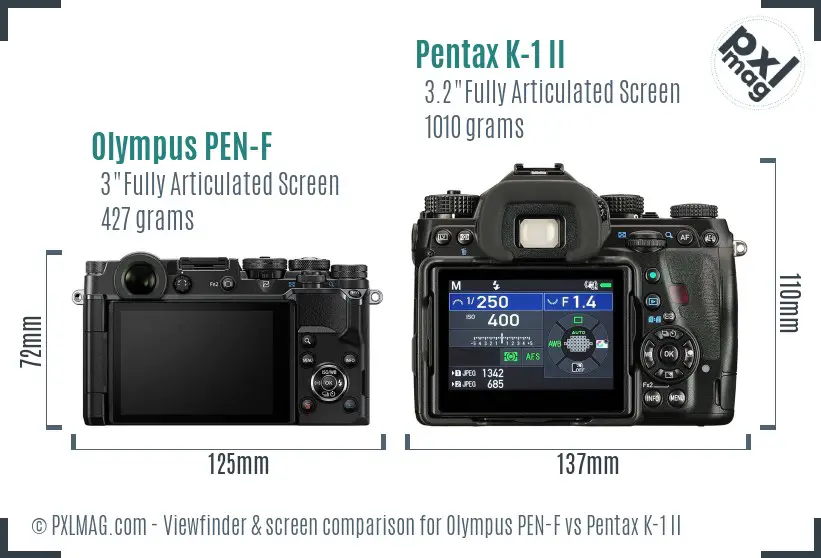 Olympus PEN-F vs Pentax K-1 II Screen and Viewfinder comparison