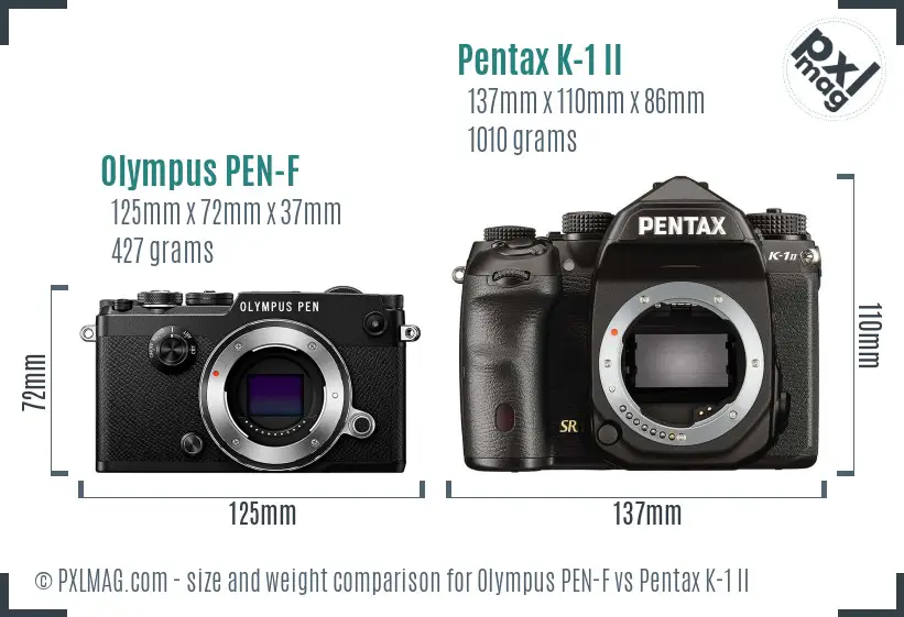 Olympus PEN-F vs Pentax K-1 II size comparison
