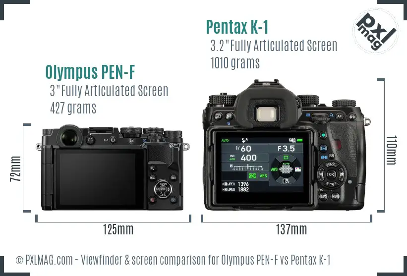 Olympus PEN-F vs Pentax K-1 Screen and Viewfinder comparison
