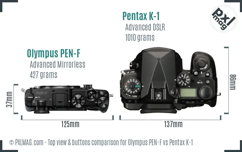 Olympus PEN-F vs Pentax K-1 top view buttons comparison