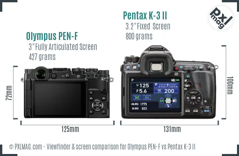 Olympus PEN-F vs Pentax K-3 II Screen and Viewfinder comparison
