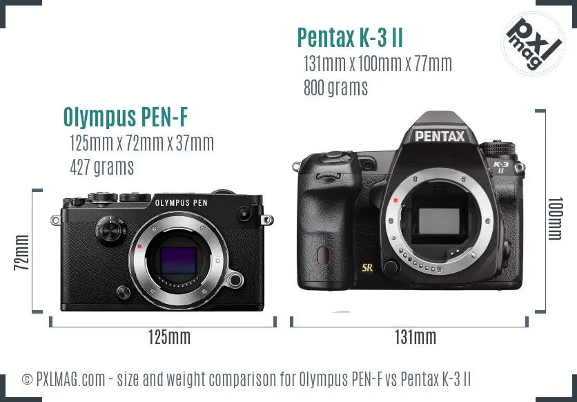 Olympus PEN-F vs Pentax K-3 II size comparison