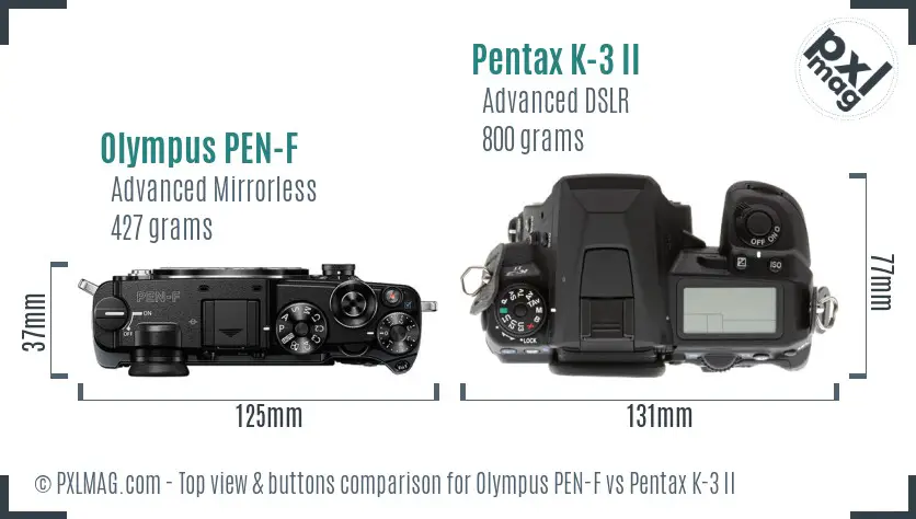 Olympus PEN-F vs Pentax K-3 II top view buttons comparison