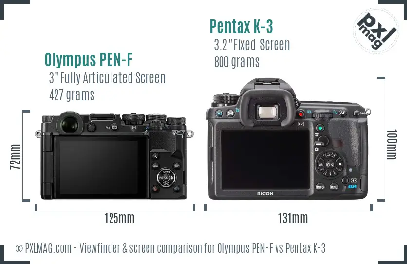 Olympus PEN-F vs Pentax K-3 Screen and Viewfinder comparison
