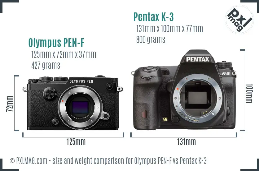 Olympus PEN-F vs Pentax K-3 size comparison