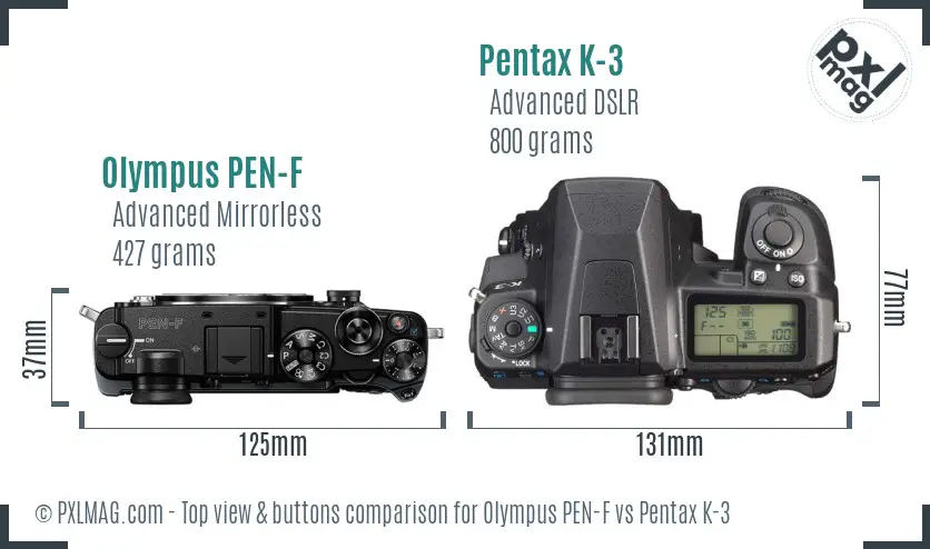 Olympus PEN-F vs Pentax K-3 top view buttons comparison