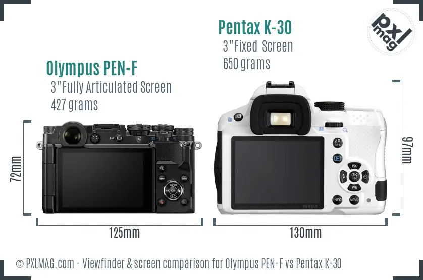 Olympus PEN-F vs Pentax K-30 Screen and Viewfinder comparison