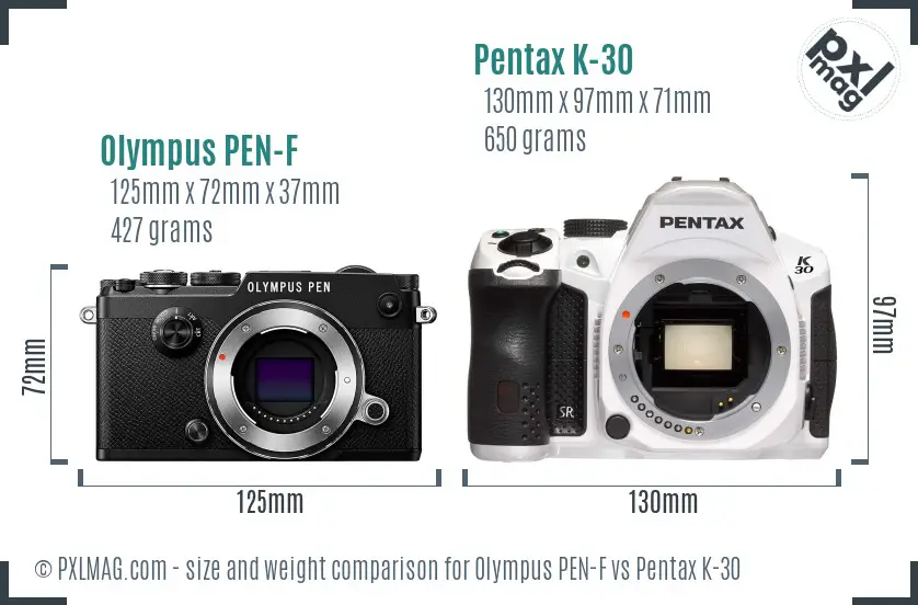 Olympus PEN-F vs Pentax K-30 size comparison