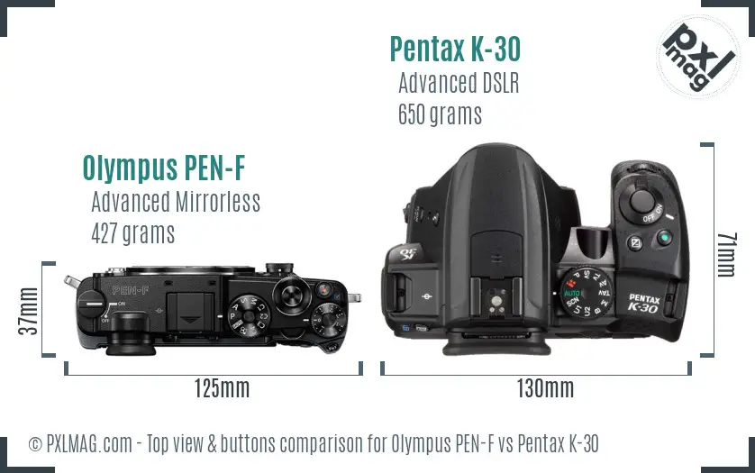 Olympus PEN-F vs Pentax K-30 top view buttons comparison