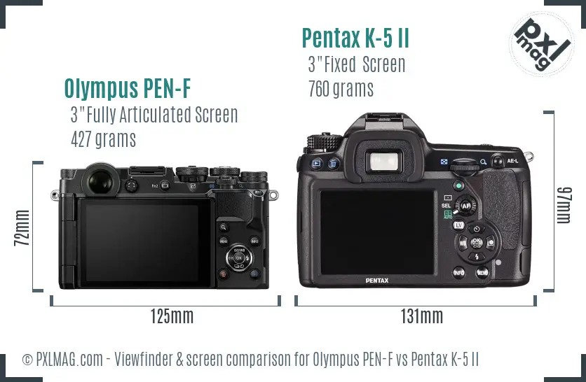 Olympus PEN-F vs Pentax K-5 II Screen and Viewfinder comparison