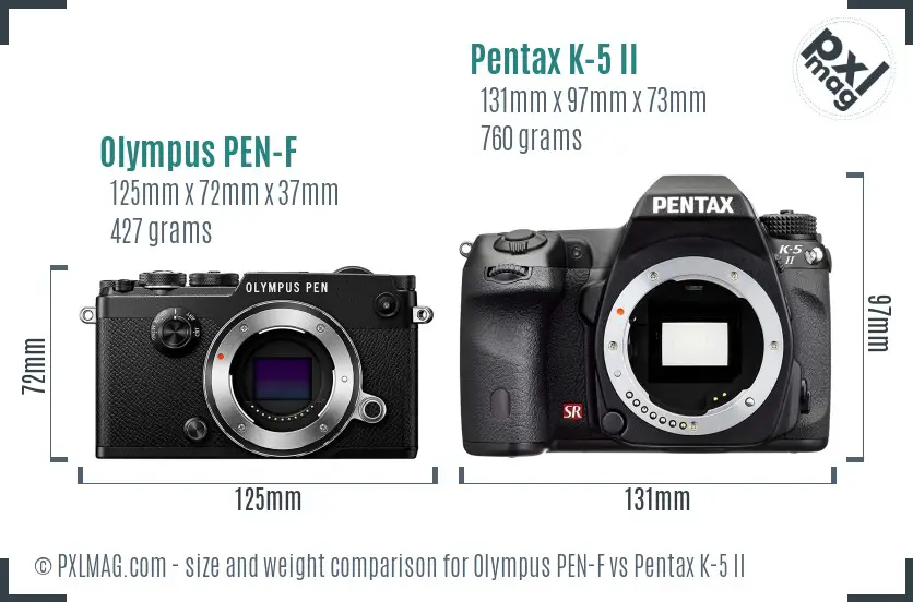 Olympus PEN-F vs Pentax K-5 II size comparison