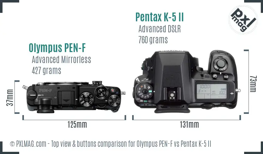 Olympus PEN-F vs Pentax K-5 II top view buttons comparison
