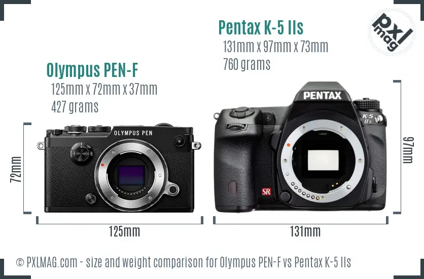 Olympus PEN-F vs Pentax K-5 IIs size comparison