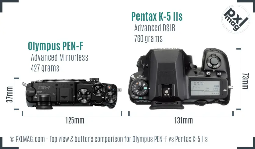Olympus PEN-F vs Pentax K-5 IIs top view buttons comparison