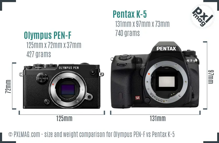 Olympus PEN-F vs Pentax K-5 size comparison