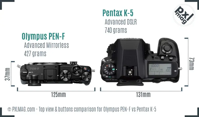 Olympus PEN-F vs Pentax K-5 top view buttons comparison