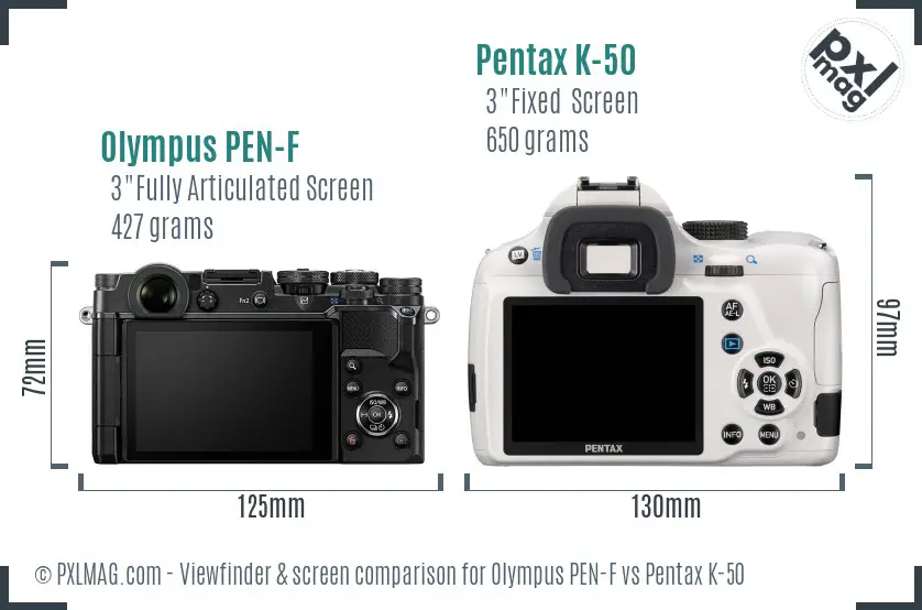 Olympus PEN-F vs Pentax K-50 Screen and Viewfinder comparison