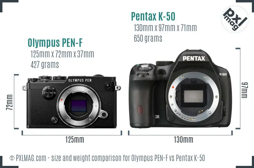 Olympus PEN-F vs Pentax K-50 size comparison