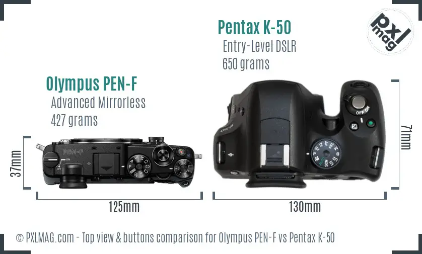 Olympus PEN-F vs Pentax K-50 top view buttons comparison