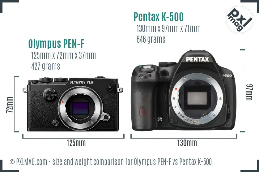 Olympus PEN-F vs Pentax K-500 size comparison