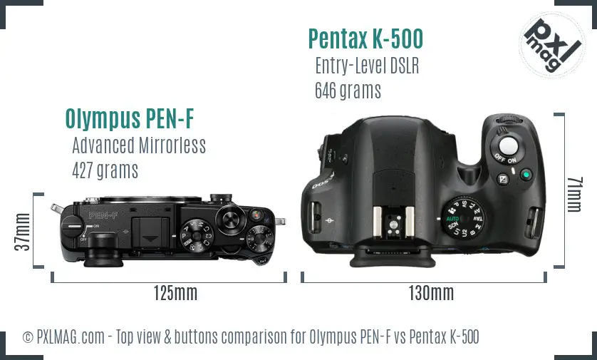Olympus PEN-F vs Pentax K-500 top view buttons comparison