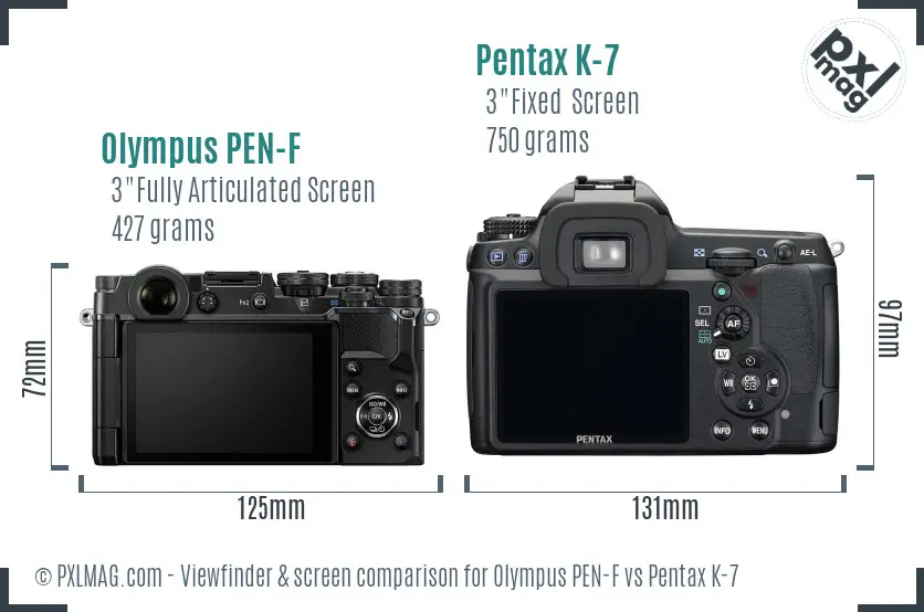 Olympus PEN-F vs Pentax K-7 Screen and Viewfinder comparison