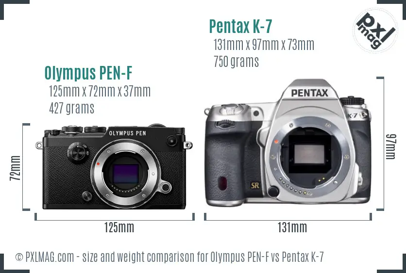 Olympus PEN-F vs Pentax K-7 size comparison
