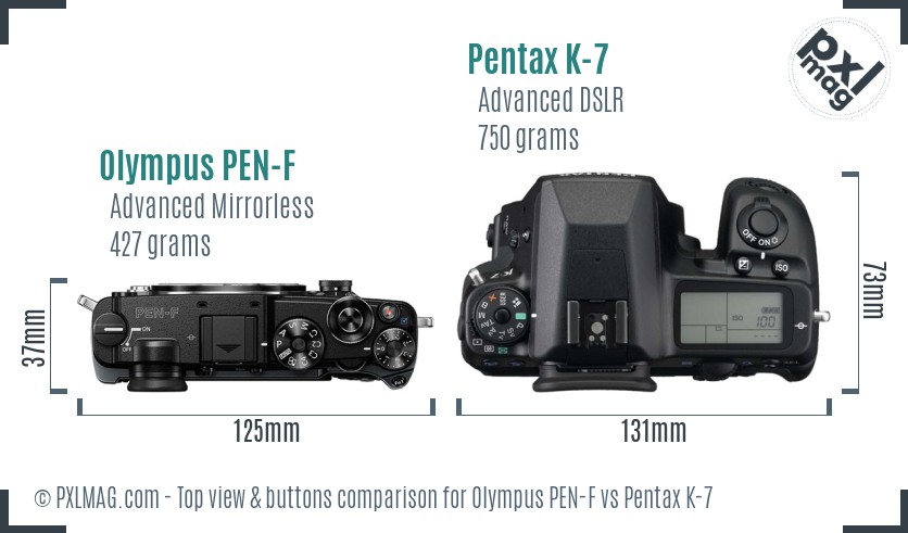 Olympus PEN-F vs Pentax K-7 top view buttons comparison