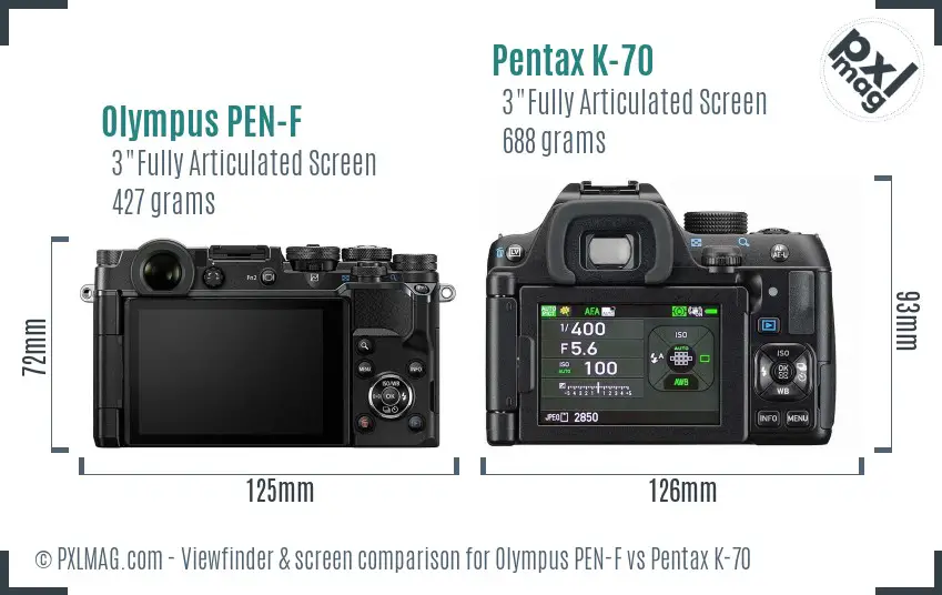 Olympus PEN-F vs Pentax K-70 Screen and Viewfinder comparison