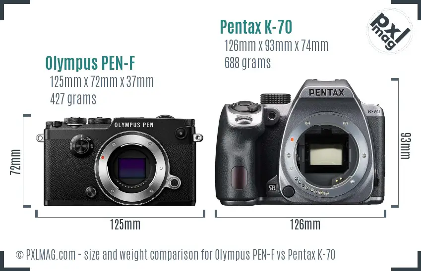 Olympus PEN-F vs Pentax K-70 size comparison