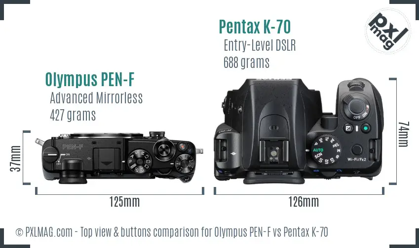 Olympus PEN-F vs Pentax K-70 top view buttons comparison