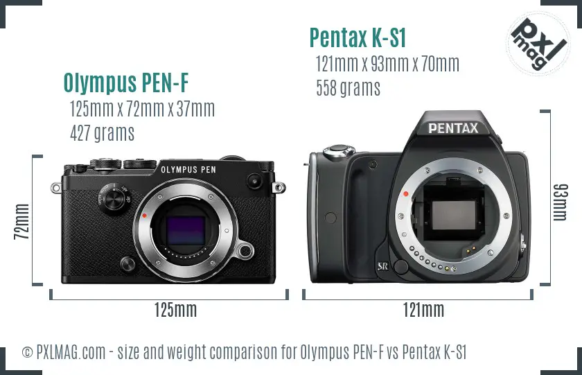 Olympus PEN-F vs Pentax K-S1 size comparison